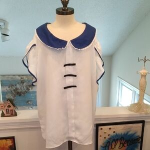 Allegra K White Blouse with Navy Peter Pan Collar